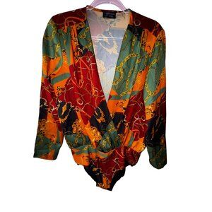 Zara Chain Print Long Sleeve Bodysuit Large Luxury Chain Royal Top Sexy Eighties